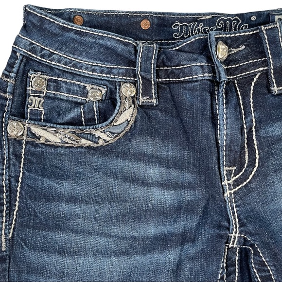 Miss Me Size 27 dark wash jeans signature boot, button flap pockets with designs - Picture 3 of 13
